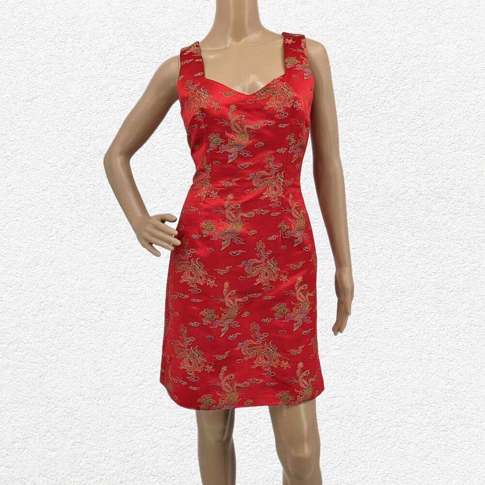 Vintage 90s Frederick's of Hollywood Mini Dress Dragon Embroidery Asian Size 4